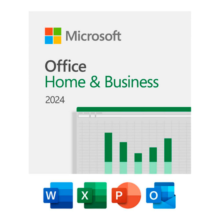 Microsoft Office 2024 Home & Business, colorful logo, bar graph, and software icons.
