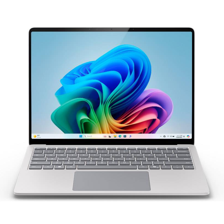 Microsoft Surface Laptop, silver, 13.8" screen, Windows 11, colorful wallpaper on display.