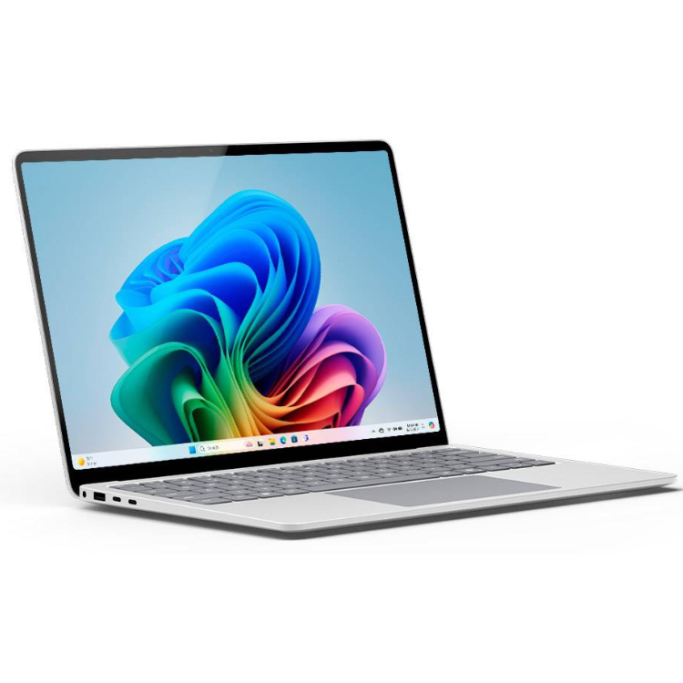 Microsoft Surface Laptop, silver, 13.8" screen, Windows 11, colorful wallpaper.