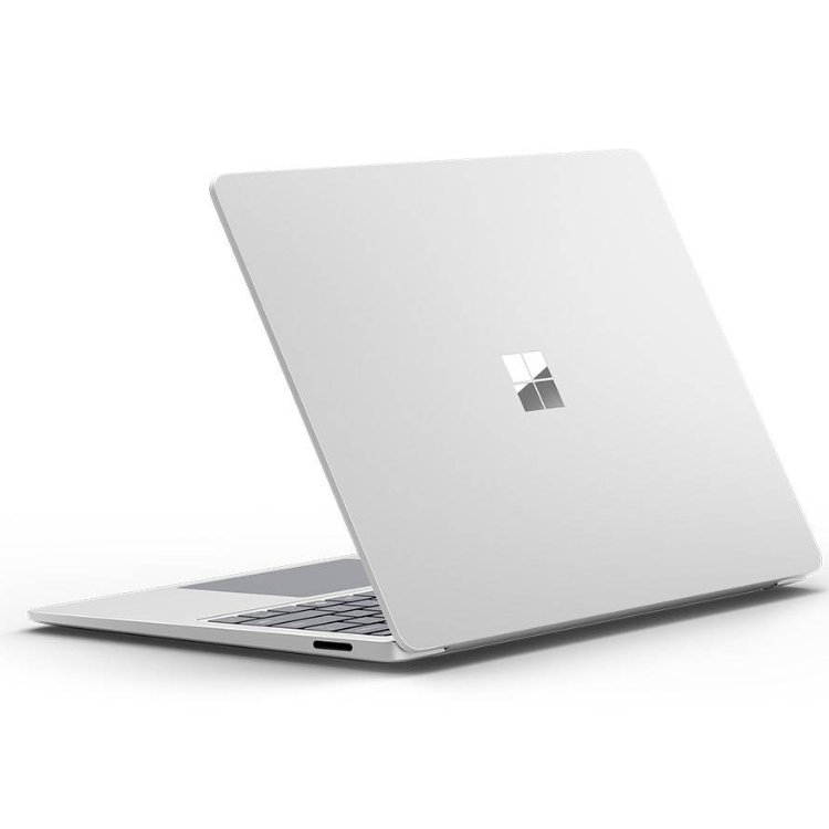 Silver Microsoft Surface Laptop, open, showing keyboard and Windows logo.