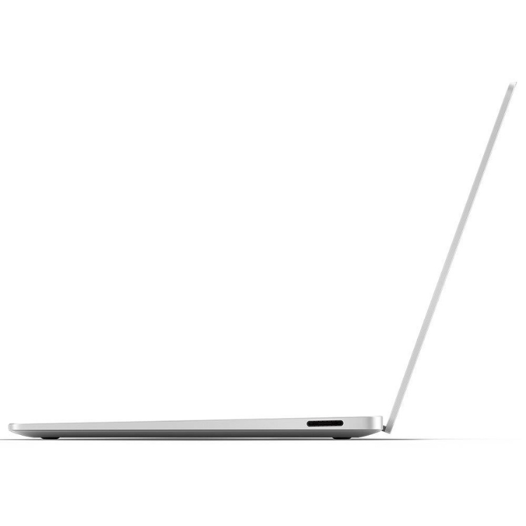 Silver Microsoft Surface Laptop, side view, open lid.