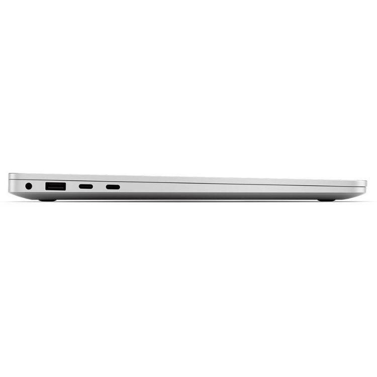 Microsoft Surface Laptop, silver, side view, ports visible.