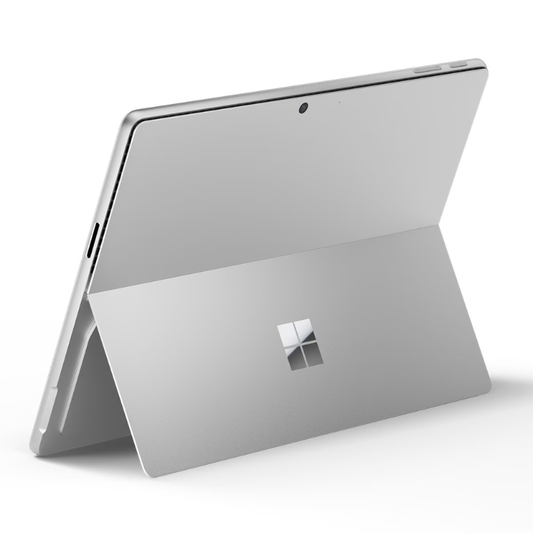 Microsoft Surface Pro 11, silver, standing tablet with Windows logo.