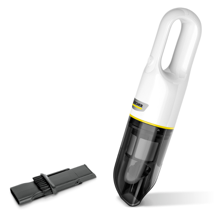 Aspirador de mão sem fios Karcher CVH 2 branco e preto com bocal removível.