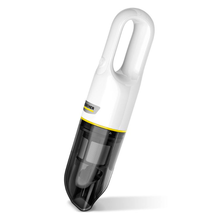 Aspirador de mão sem fios Karcher CVH 2, branco e amarelo, com base transparente.
