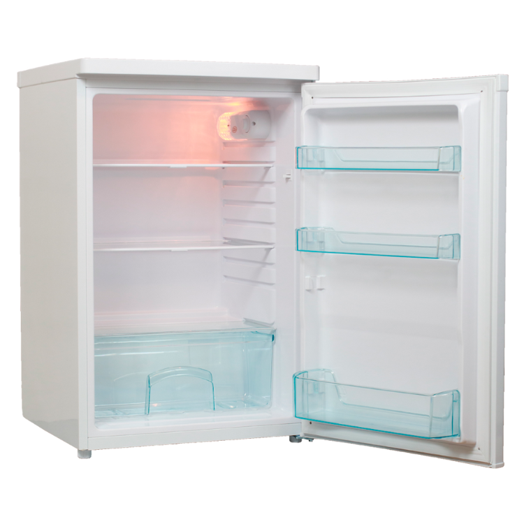 Frigorífico compacto Jocel JF127014795 127L, branco, porta aberta mostrando interior vazio com prateleiras transparentes.