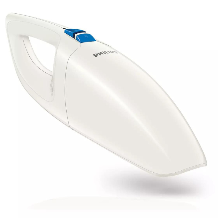Aspirador portátil Philips branco com detalhes azuis e logotipo da marca.