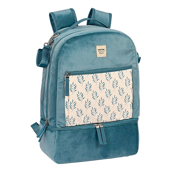 Mochila bebé Safta Leaves, azul, com bolso frontal bege e folhagem azul.