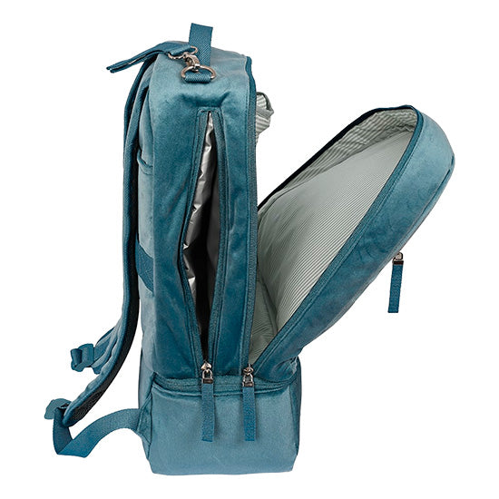 Mochila bebé Safta Leaves azul, com abertura principal e bolsos laterais, para organização diária.