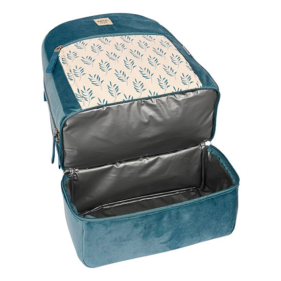 Mochila Safta Leaves azul bebé, aberta, com forro cinzento e padrão de folhas azuis.