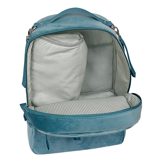 Mochila bebé Safta Leaves azul, aberta, com forro riscado cinzento e branco.