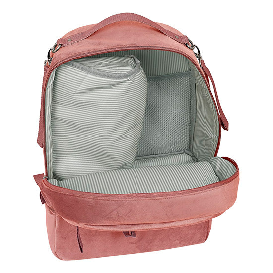 Mochila Acessórios Bebé Safta Marsala cor-de-rosa com interior listrado bege e cinzento.