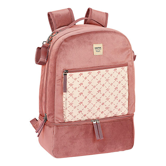 Mochila bebé Marsala cor-de-rosa da Safta com bolso frontal bege e palmeiras cor-de-rosa.