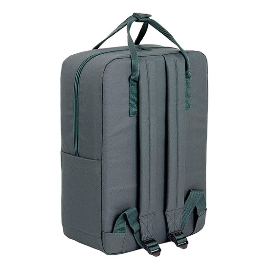 Mochila escolar cinzenta Benetton UCB com asas e alças escuras.
