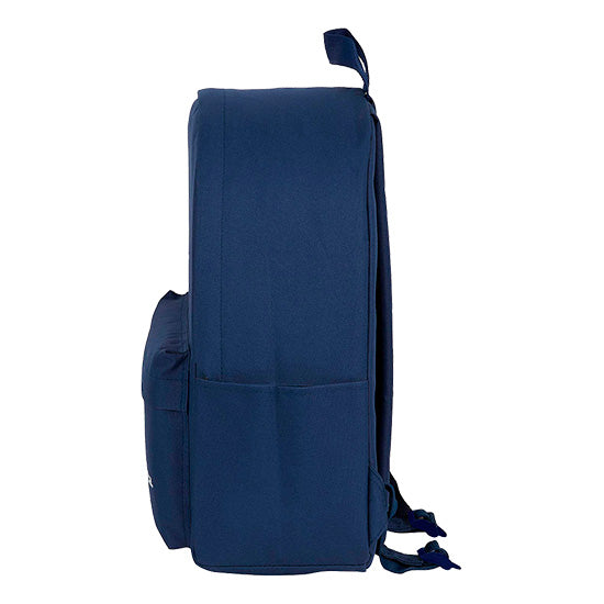 Mochila Safta azul 14.1 polegadas, vista lateral, fundo branco.
