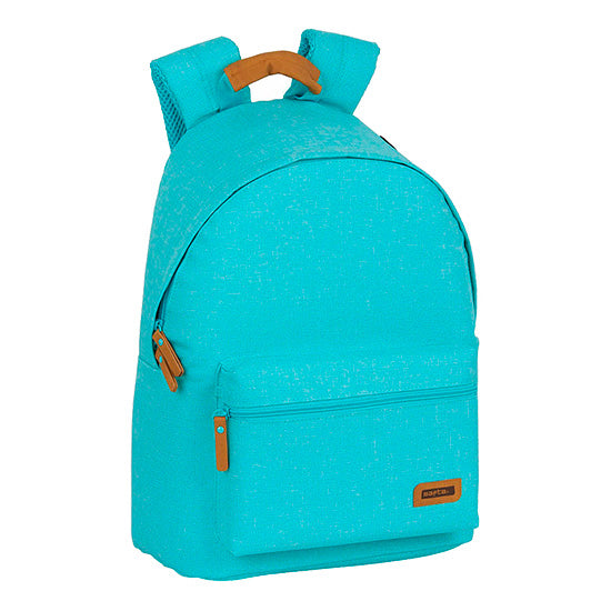 Mochila Safta Lago 14.1" azul-turquesa com alças e pormenores castanhos.