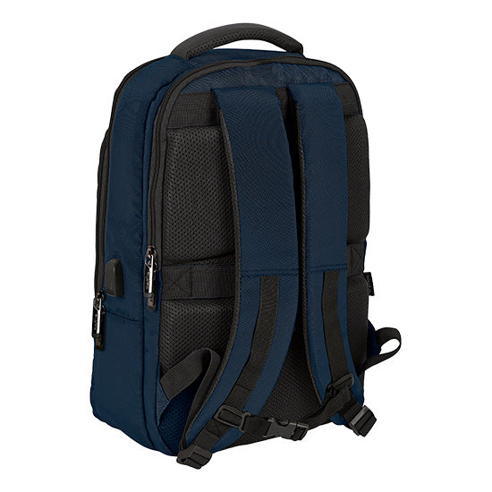 Mochila Safta Business 15.6" USB, azul escuro, com alças e bolsos laterais.