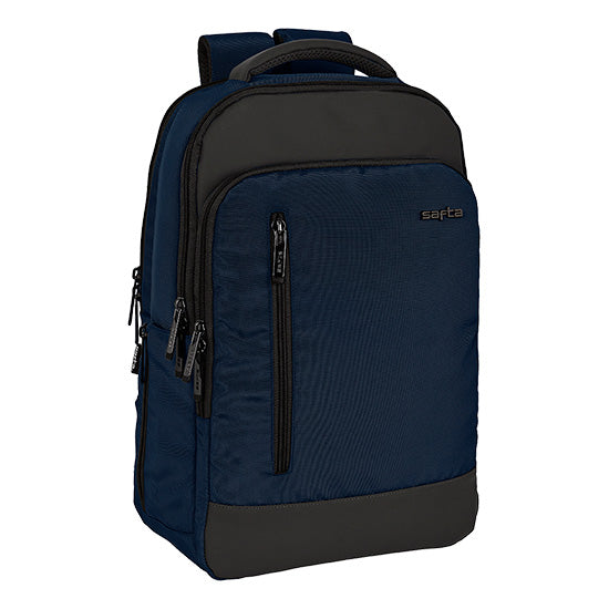 Mochila Safta Business 15.6 azul escuro com alça e bolsos laterais.
