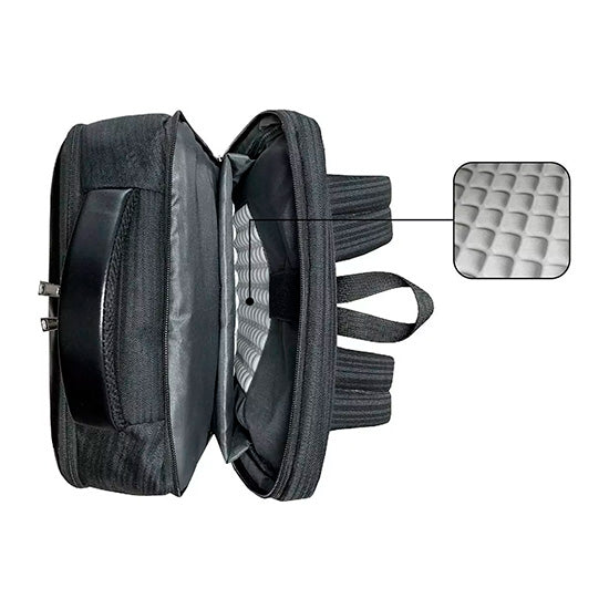 Mochila Subblim Business V2 preta com USB, 15.6 polegadas, aberta mostrando o interior e detalhe do acolchoamento.