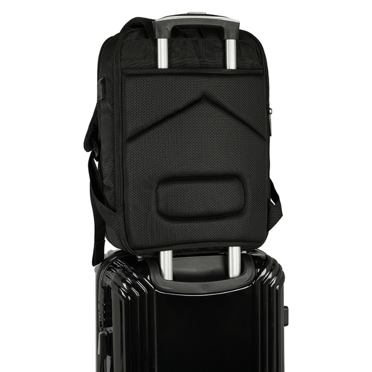 Mochila de Viagem Safta Business 15.6" USB Preto, em cima de mala, com alça e bolsos laterais.