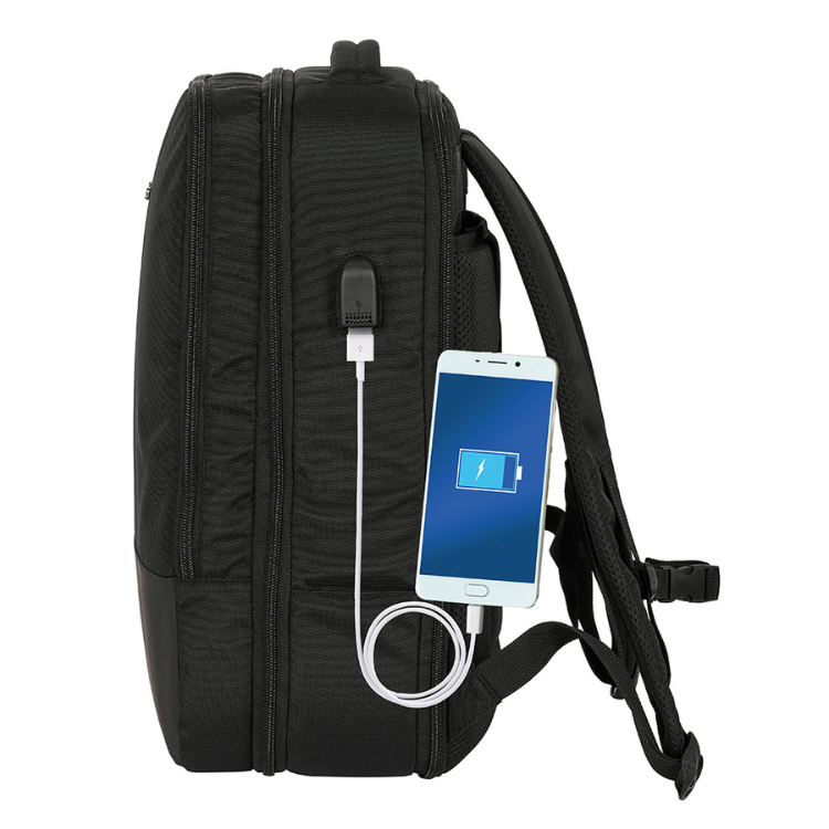 Mochila de Viagem Safta Business 15.6" USB Preto com telemóvel a carregar.