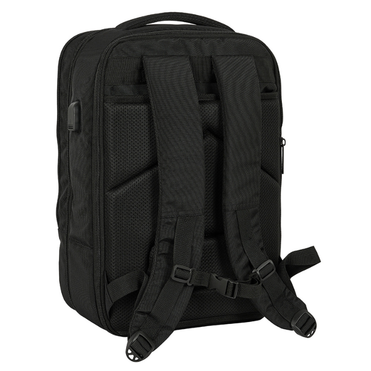 Mochila de Viagem Safta Business 15.6" USB Preto, costas viradas para o utilizador, alças e bolsos laterais visíveis.
