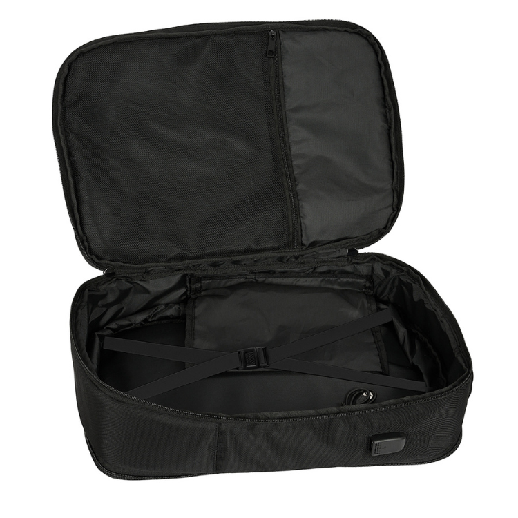 Mochila de Viagem Safta Business 15.6" USB Preto, aberta, mostrando o interior com espaço para laptop e outros itens.