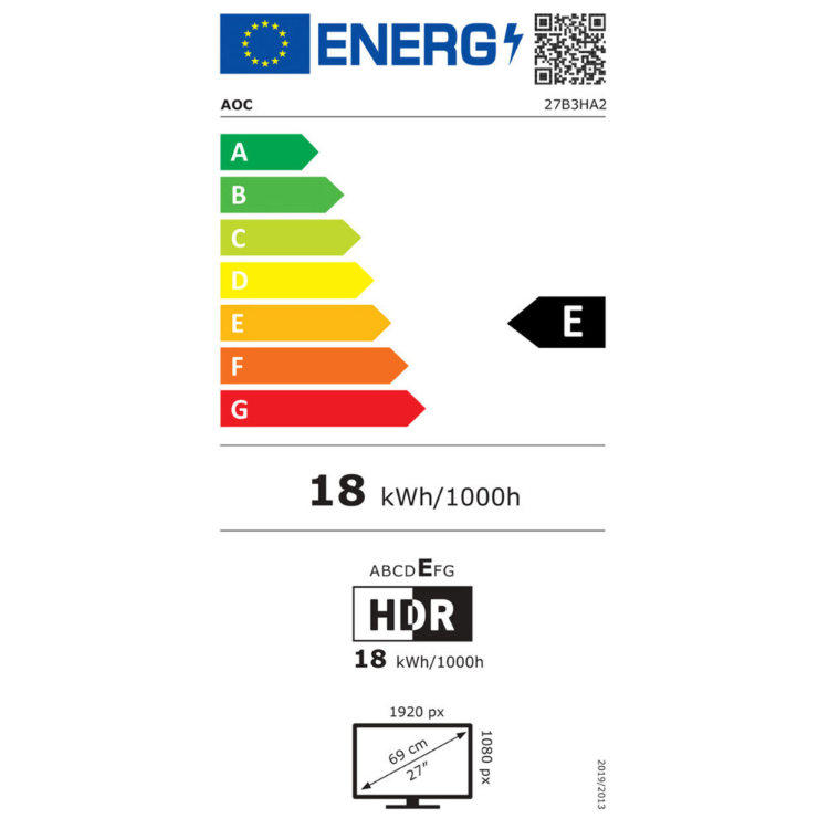 Etiqueta energética do monitor AOC 27B3HA2, eficiência E, 18 kWh/1000h.