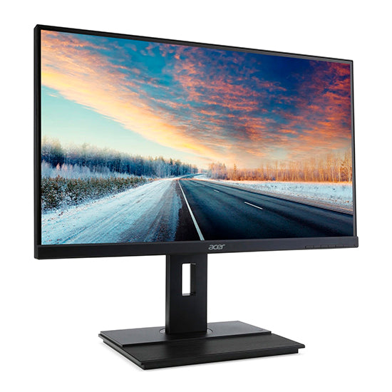 Monitor Acer B6 IPS QHD 27" preto, com imagem de uma estrada de asfalto em fundo de neve e pôr do sol colorido.