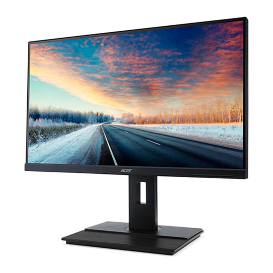 Monitor Acer B6 IPS QHD 27" preto com imagem de estrada em neve e céu colorido.
