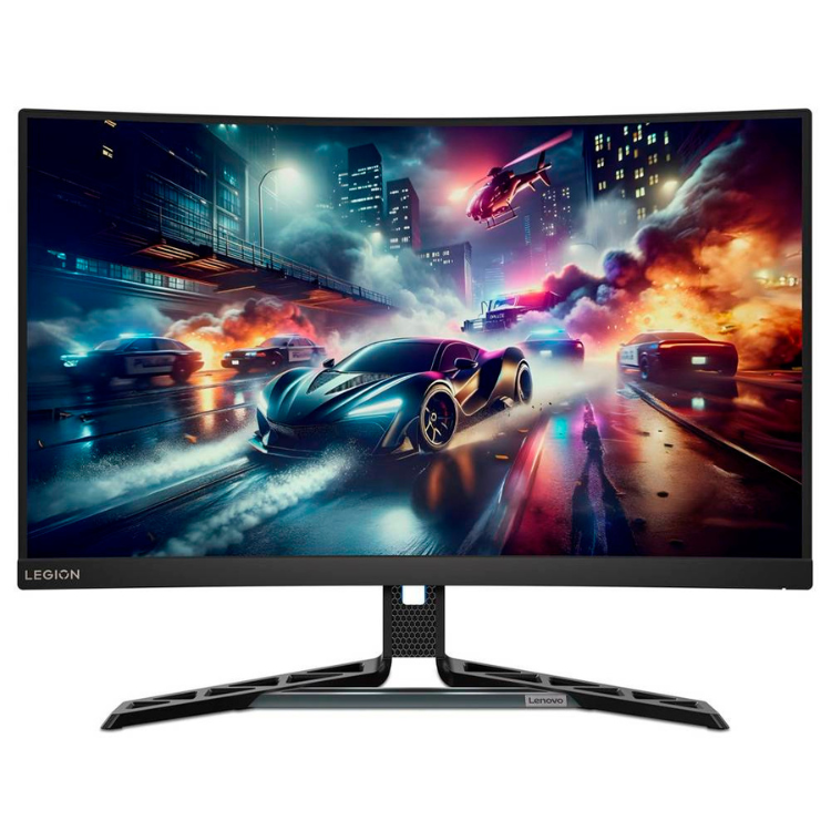 Monitor curvo Lenovo Legion Gaming 27" QHD VA 180Hz preto com imagem de carro em alta velocidade.