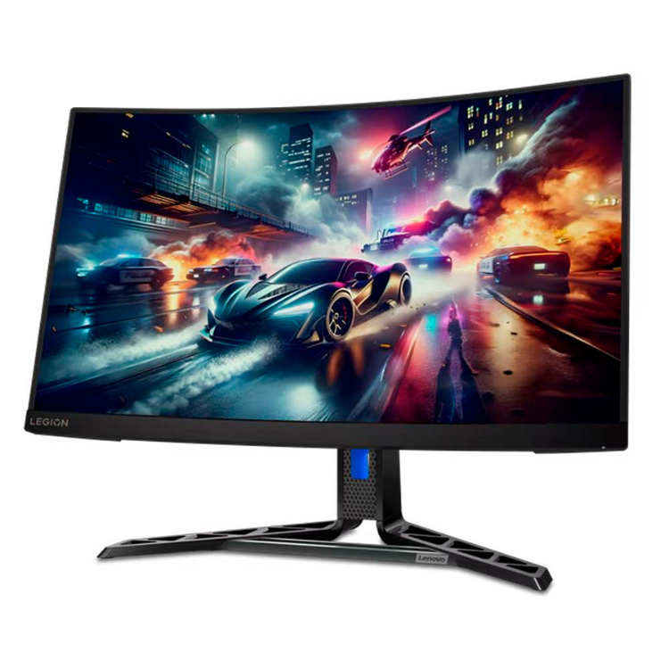 Monitor curvo Lenovo Legion 27" QHD VA 180Hz preto com imagem de carro em corrida numa cidade.