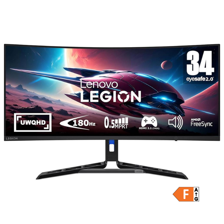 Monitor curvo Lenovo Legion Gaming 34" UWQHD VA 180Hz preto com detalhes em azul.