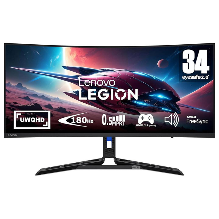 Monitor curvo Lenovo Legion Gaming 34" UWQHD VA 180Hz preto com detalhes em azul.