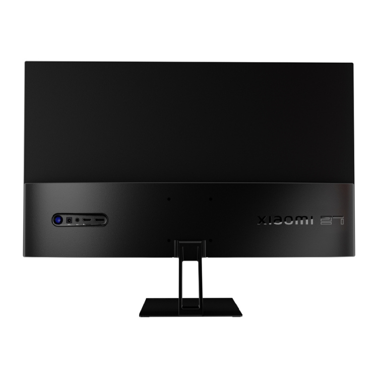 Monitor Xiaomi preto com 27 polegadas, logotipo Xiaomi visível na parte inferior, entradas na lateral esquerda.