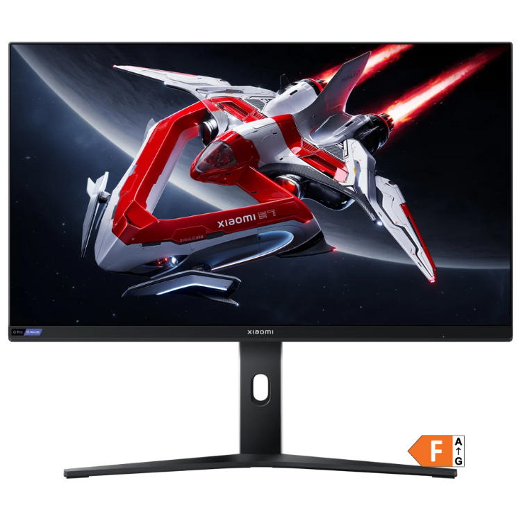 Monitor Xiaomi G Pro 27i, 27", Mini LED, 180Hz, preto, com imagem de nave espacial vermelha e branca em ecrã.