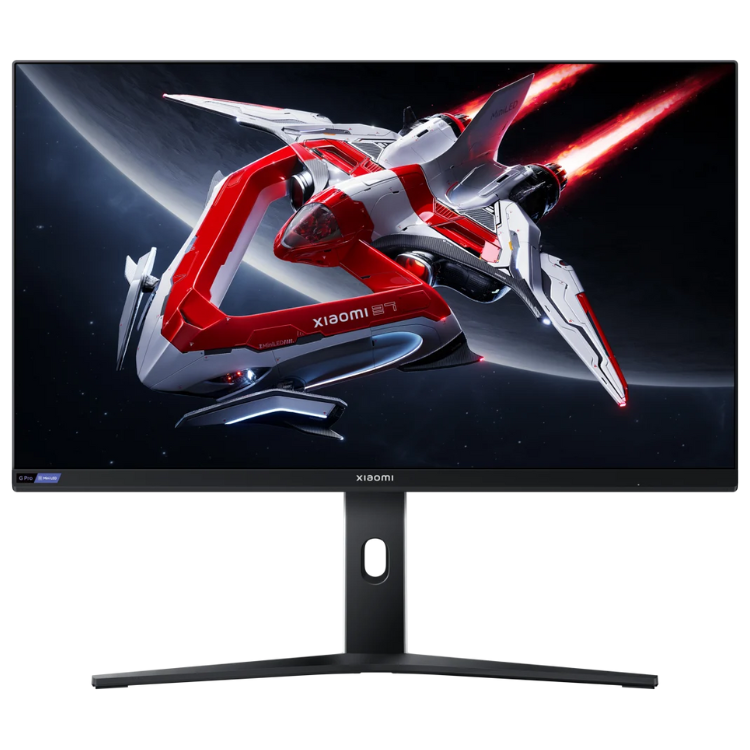Monitor Xiaomi G Pro 27i, 27", Mini LED, 180Hz, preto, com imagem de nave espacial vermelha e branca em ecrã.