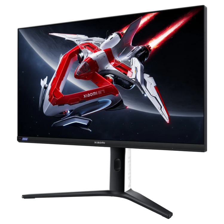 Monitor Xiaomi G Pro 27i, 27", Mini LED, 180Hz, com imagem de nave espacial vermelha e branca em ecrã.