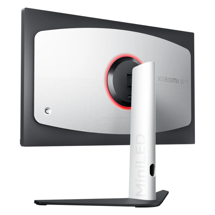 Monitor Gaming Xiaomi 27i 27" Mini LED preto com base e luzes de fundo vermelhas.