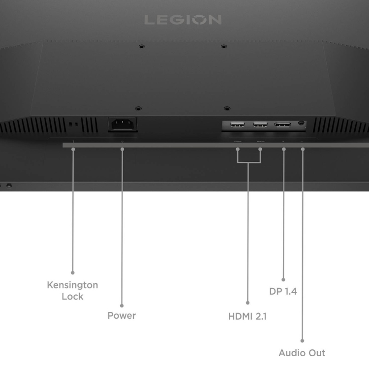 Monitor gaming Lenovo Legion, parte traseira, com várias portas, incluindo Kensington Lock, Power, HDMI 2.1, DP 1.4 e Audio Out. Preto.