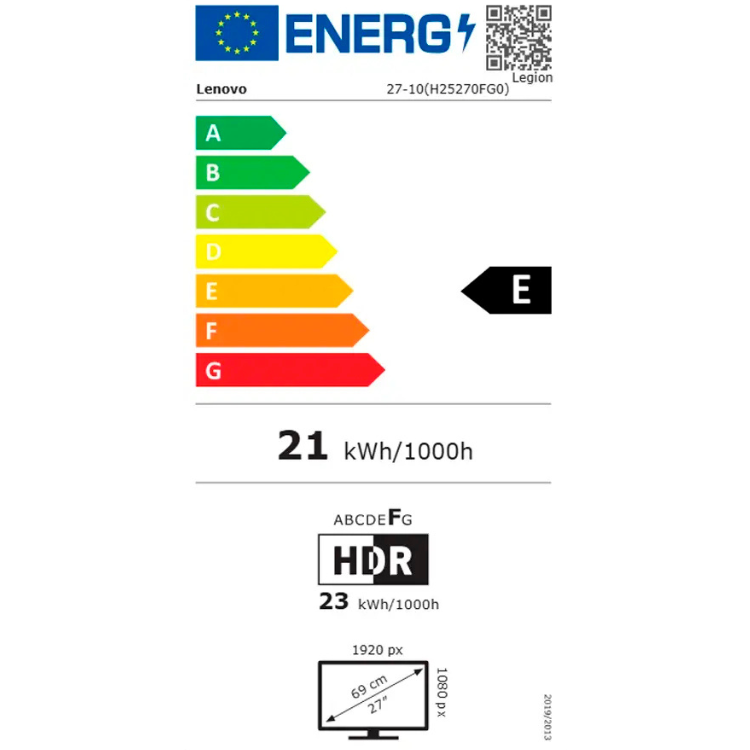 Etiqueta energética do monitor Lenovo Legion, eficiência E, 21 kWh/1000h.