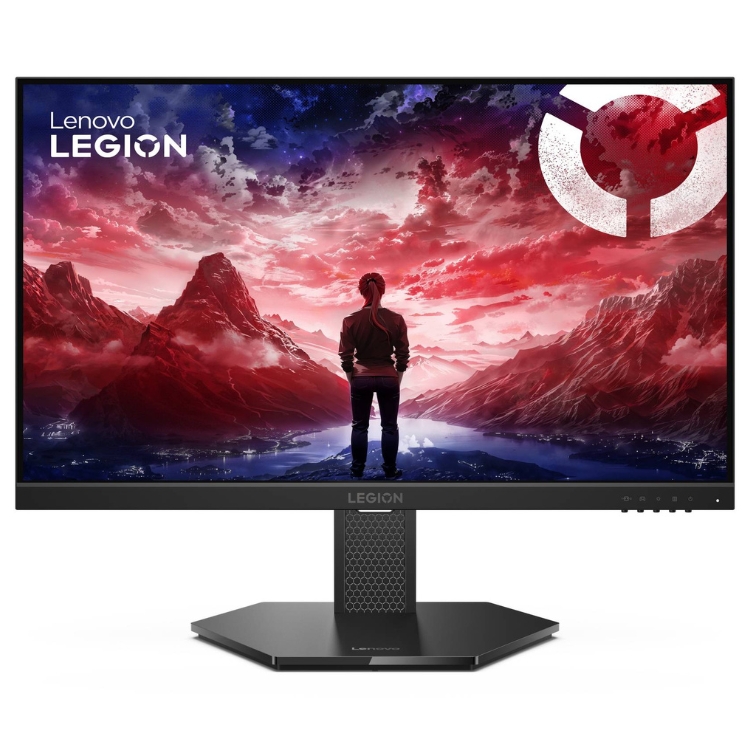 Monitor gaming Lenovo Legion 27-10, 27 polegadas, IPS, FHD, 240Hz, preto, com imagem de um homem num cenário de montanhas.