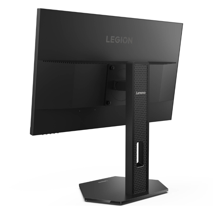 Monitor gaming Lenovo Legion 27-10, preto, com suporte e base hexagonal.