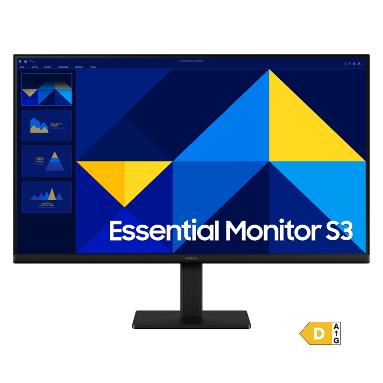 Monitor Samsung Essential S3 27" IPS FHD 100Hz preto com imagem de ecrã azul e amarelo.