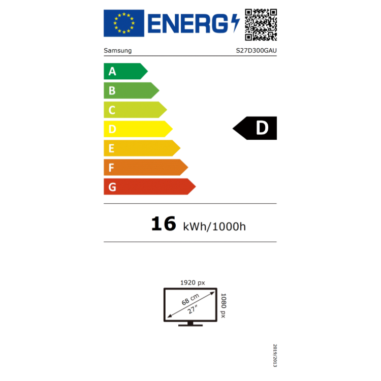 Etiqueta energética do monitor Samsung S27D300GAU, classificação D, 16 kWh/1000h.