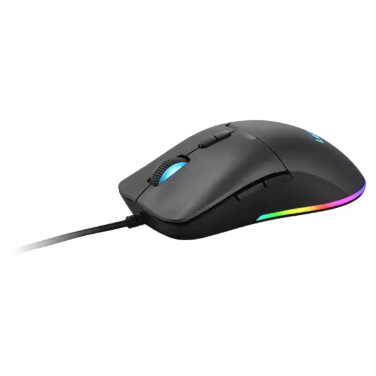 Black Lenovo gaming mouse with RGB lights, rainbow-colored accents on side.