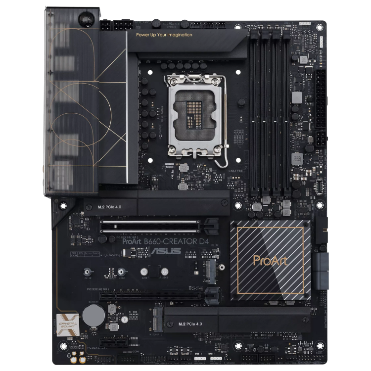 ASUS ProArt B660 Creator motherboard, black, LGA 1700 socket, gold accents.