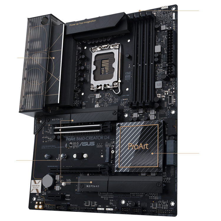 ASUS ProArt B660 Creator motherboard, black, LGA 1700 socket, DDR4, various components and circuitry visible.
