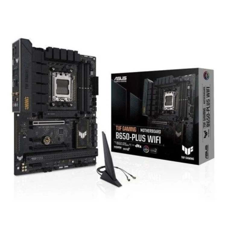ASUS TUF Gaming B650-Plus Wifi motherboard, black, with box and antenna.