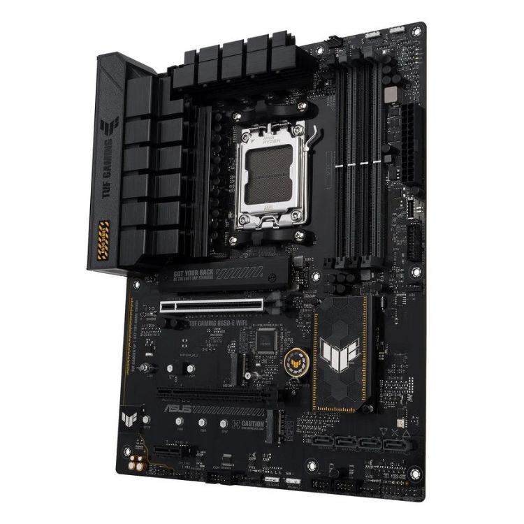 ASUS Tuf Gaming B650-E Wifi AM5 motherboard, black, with silver and gold accents.